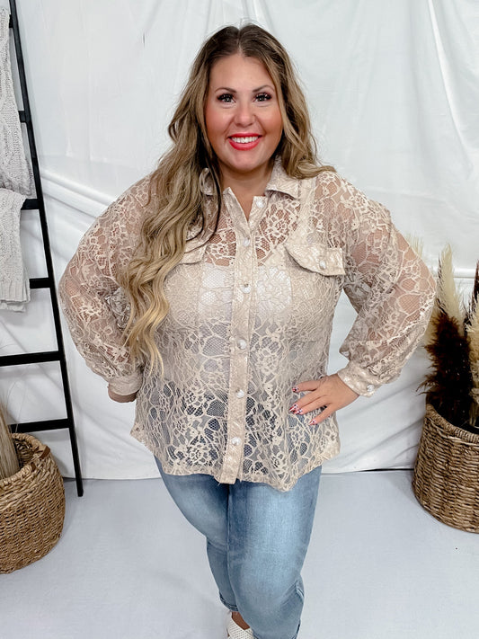 Taupe Button Up All Over Lace Blouse - Whiskey Skies - ANDREE BY UNIT