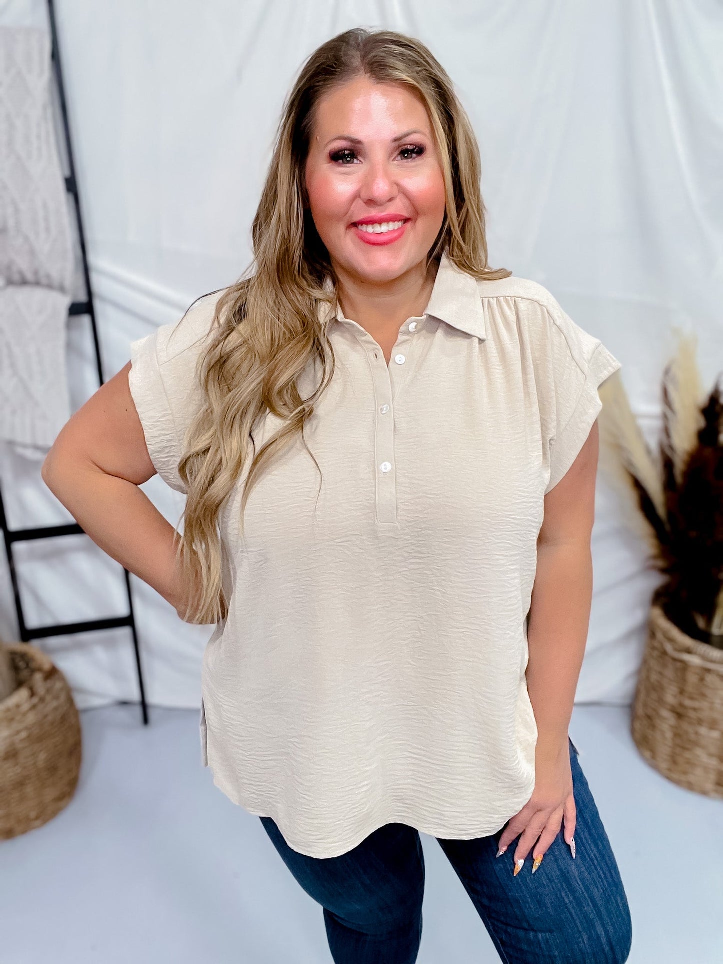 Taupe Cap Sleeve Air Flow Top with Pleated Back - Whiskey Skies - ANDREE BY UNIT