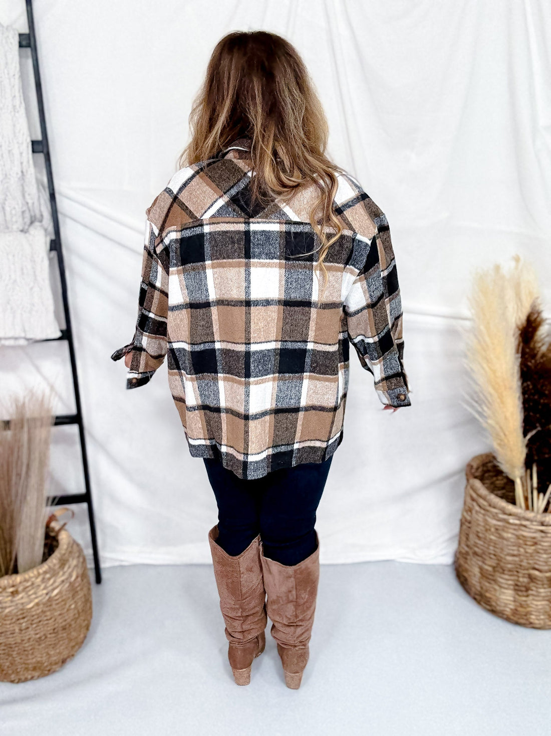 Taupe Cozy Plaid Button Down Flannel Shacket - Whiskey Skies - SWEET GENERIS
