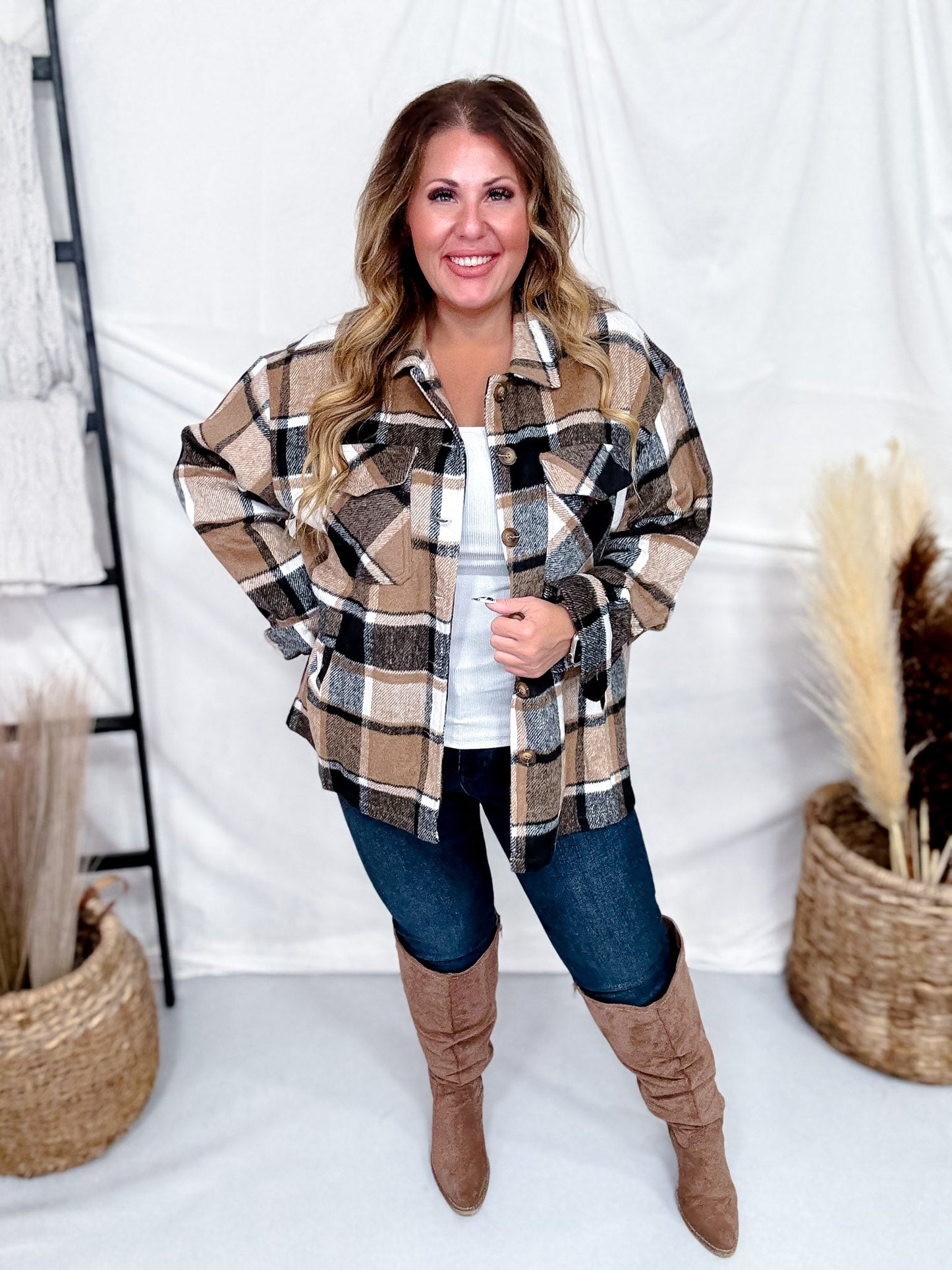 Taupe Cozy Plaid Button Down Flannel Shacket - Whiskey Skies - SWEET GENERIS