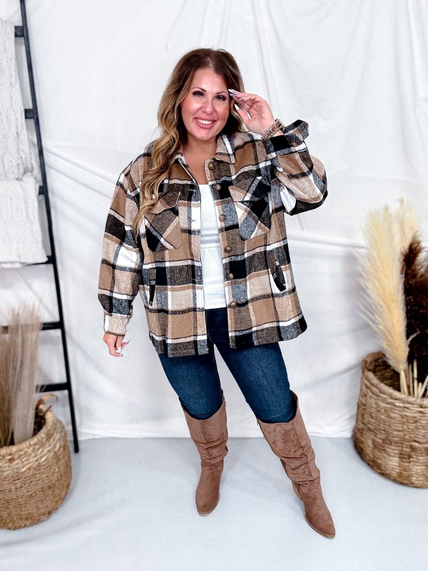 Taupe Cozy Plaid Button Down Flannel Shacket - Whiskey Skies - SWEET GENERIS