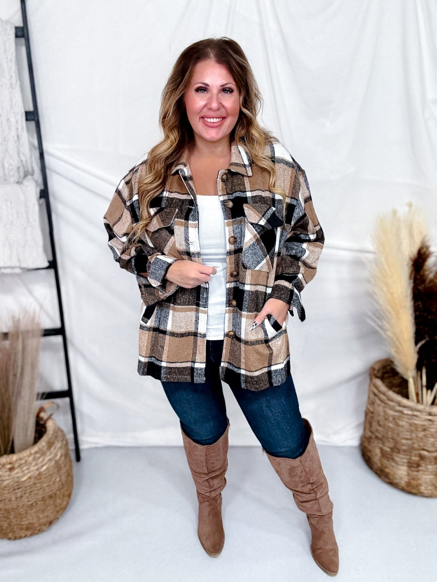 Taupe Cozy Plaid Button Down Flannel Shacket - Whiskey Skies - SWEET GENERIS