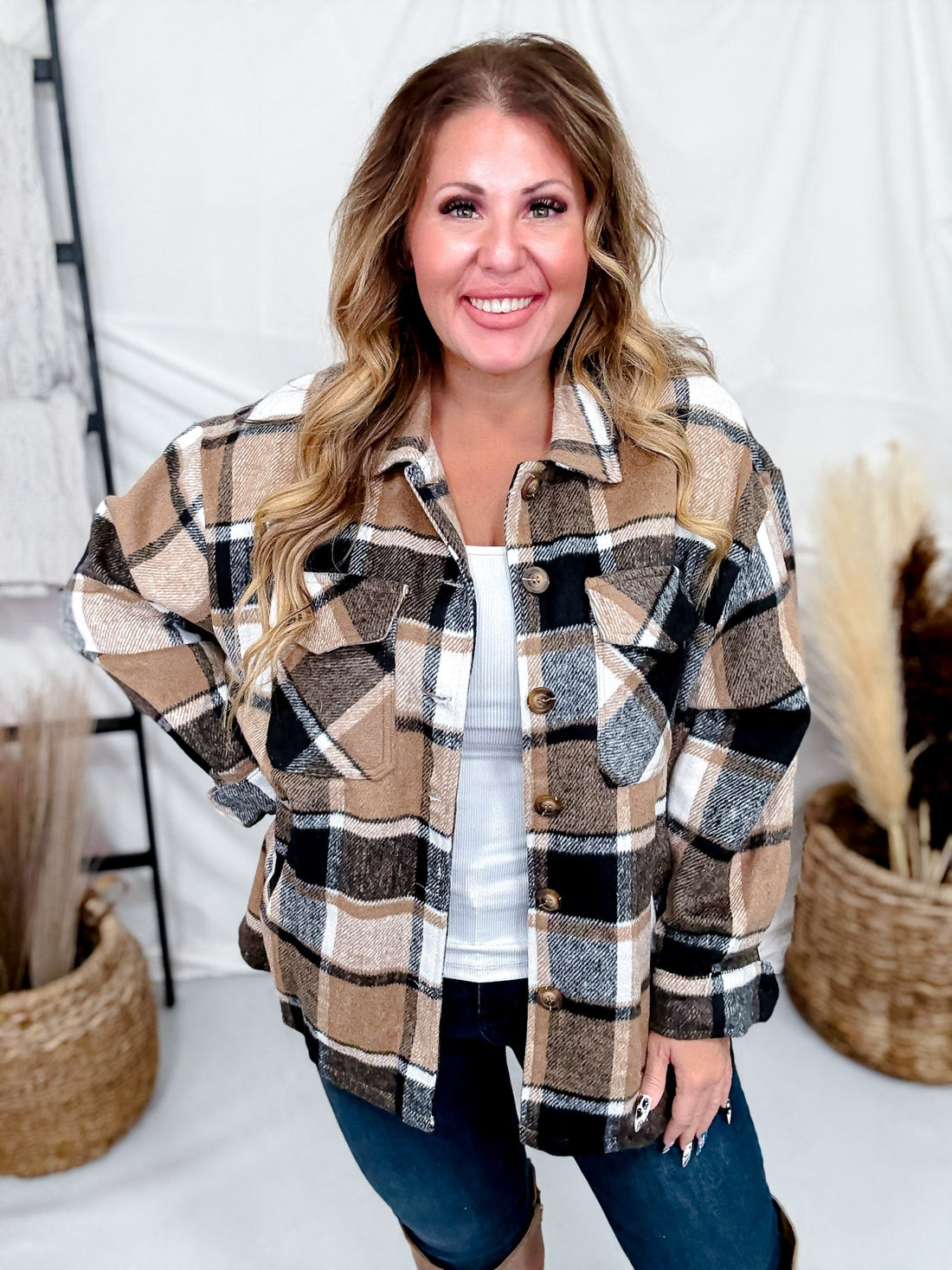 Taupe Cozy Plaid Button Down Flannel Shacket - Whiskey Skies - SWEET GENERIS