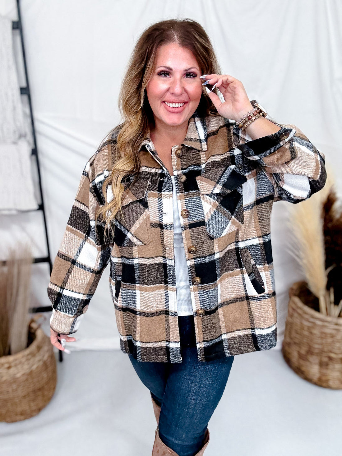 Taupe Cozy Plaid Button Down Flannel Shacket - Whiskey Skies - SWEET GENERIS