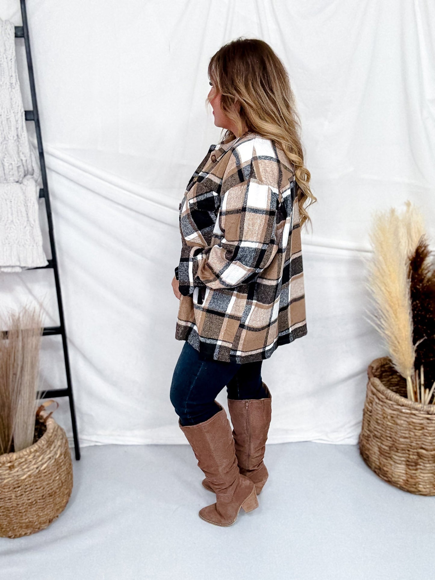 Taupe Cozy Plaid Button Down Flannel Shacket - Whiskey Skies - SWEET GENERIS