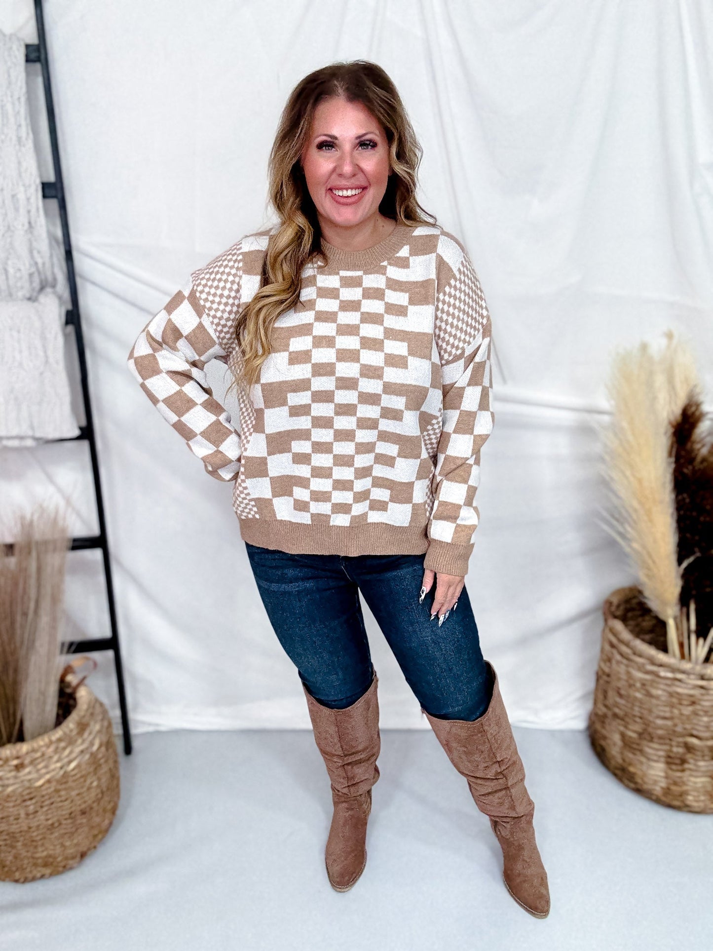 Taupe & Cream Chic Checkered Casual Pullover Sweater - Whiskey Skies - SWEET GENERIS