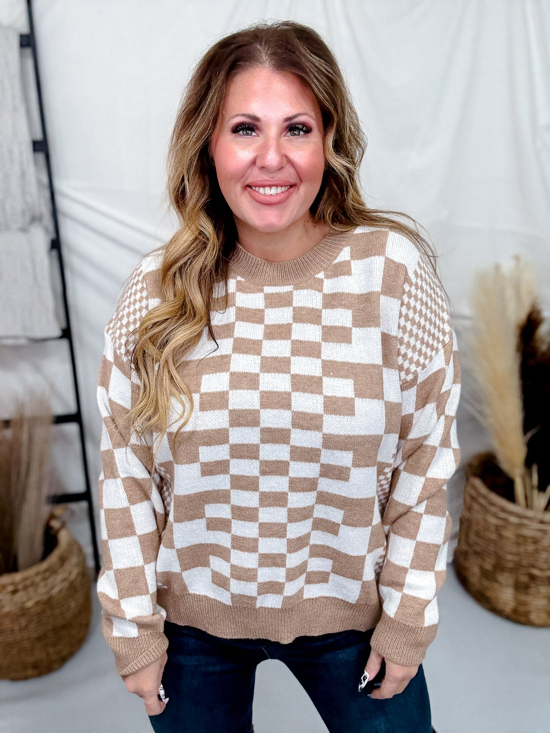 Taupe & Cream Chic Checkered Casual Pullover Sweater - Whiskey Skies - SWEET GENERIS