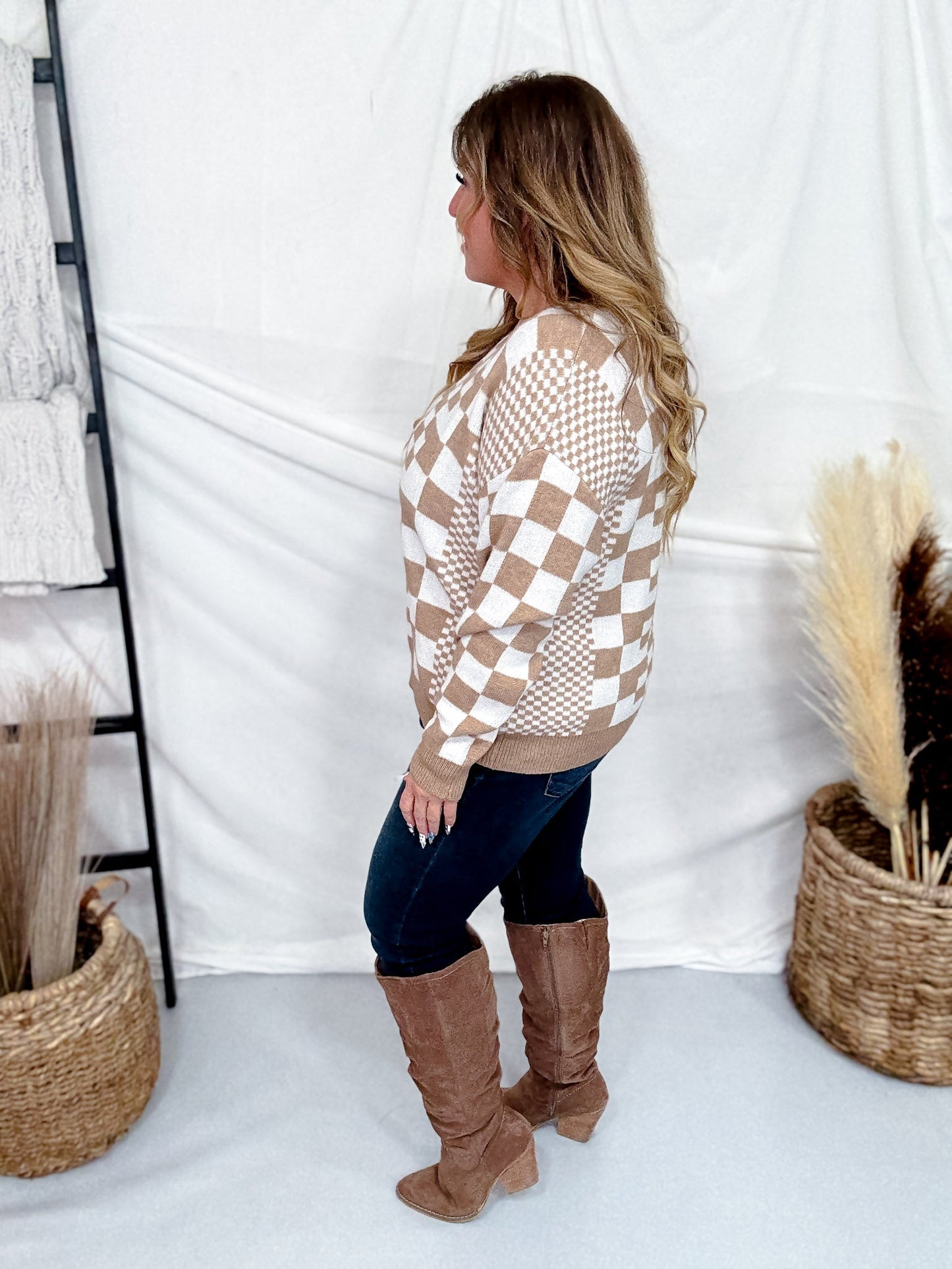 Taupe & Cream Chic Checkered Casual Pullover Sweater - Whiskey Skies - SWEET GENERIS