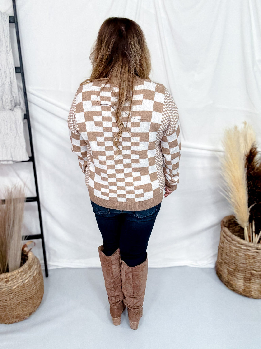 Taupe & Cream Chic Checkered Casual Pullover Sweater - Whiskey Skies - SWEET GENERIS