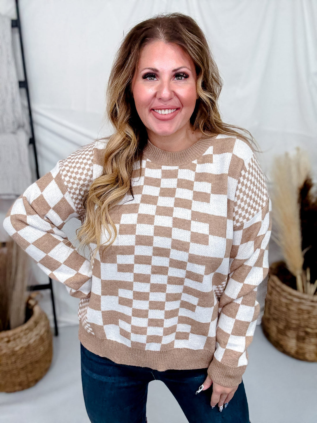 Taupe & Cream Chic Checkered Casual Pullover Sweater - Whiskey Skies - SWEET GENERIS