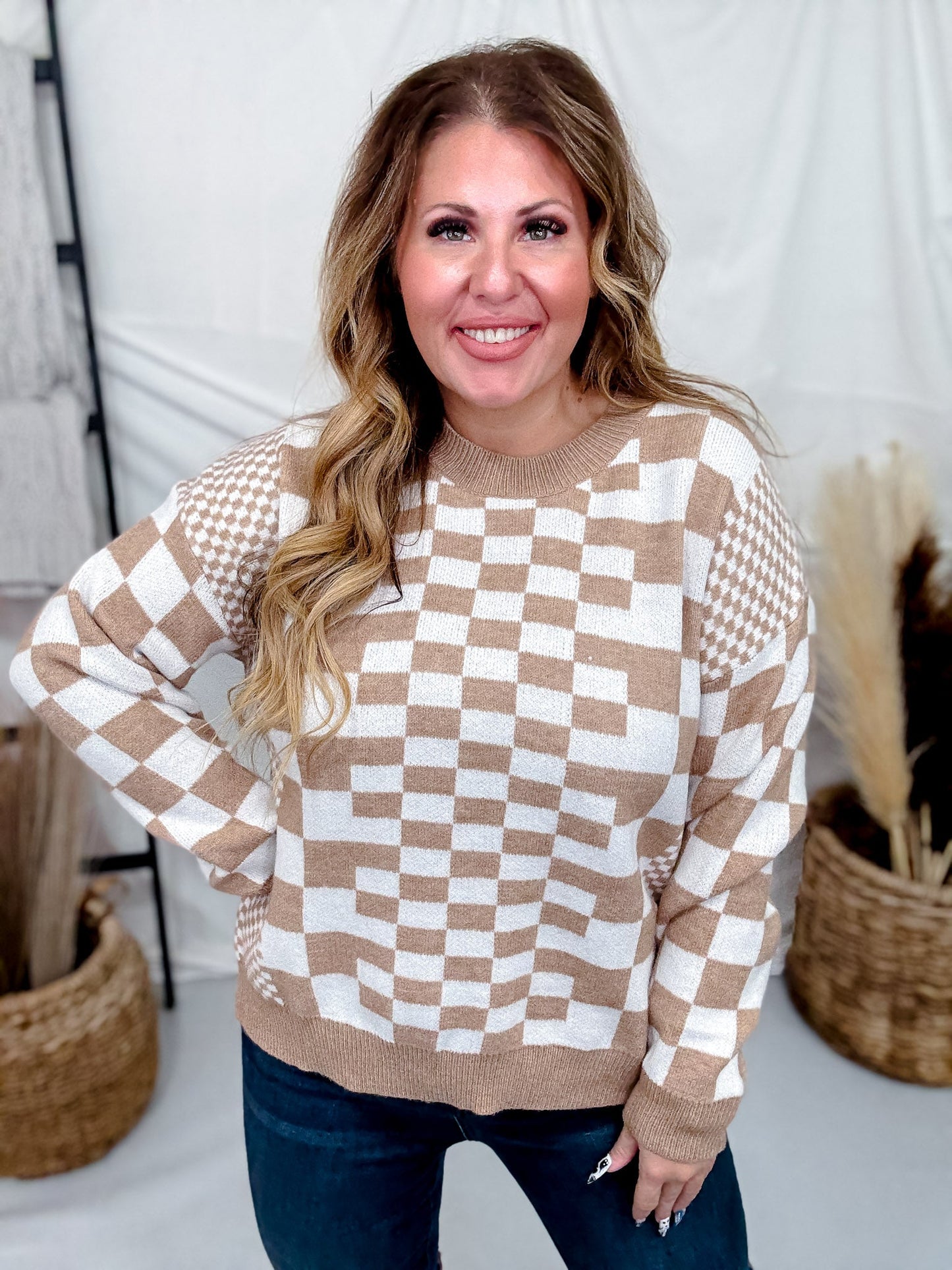 Taupe & Cream Chic Checkered Casual Pullover Sweater - Whiskey Skies - SWEET GENERIS