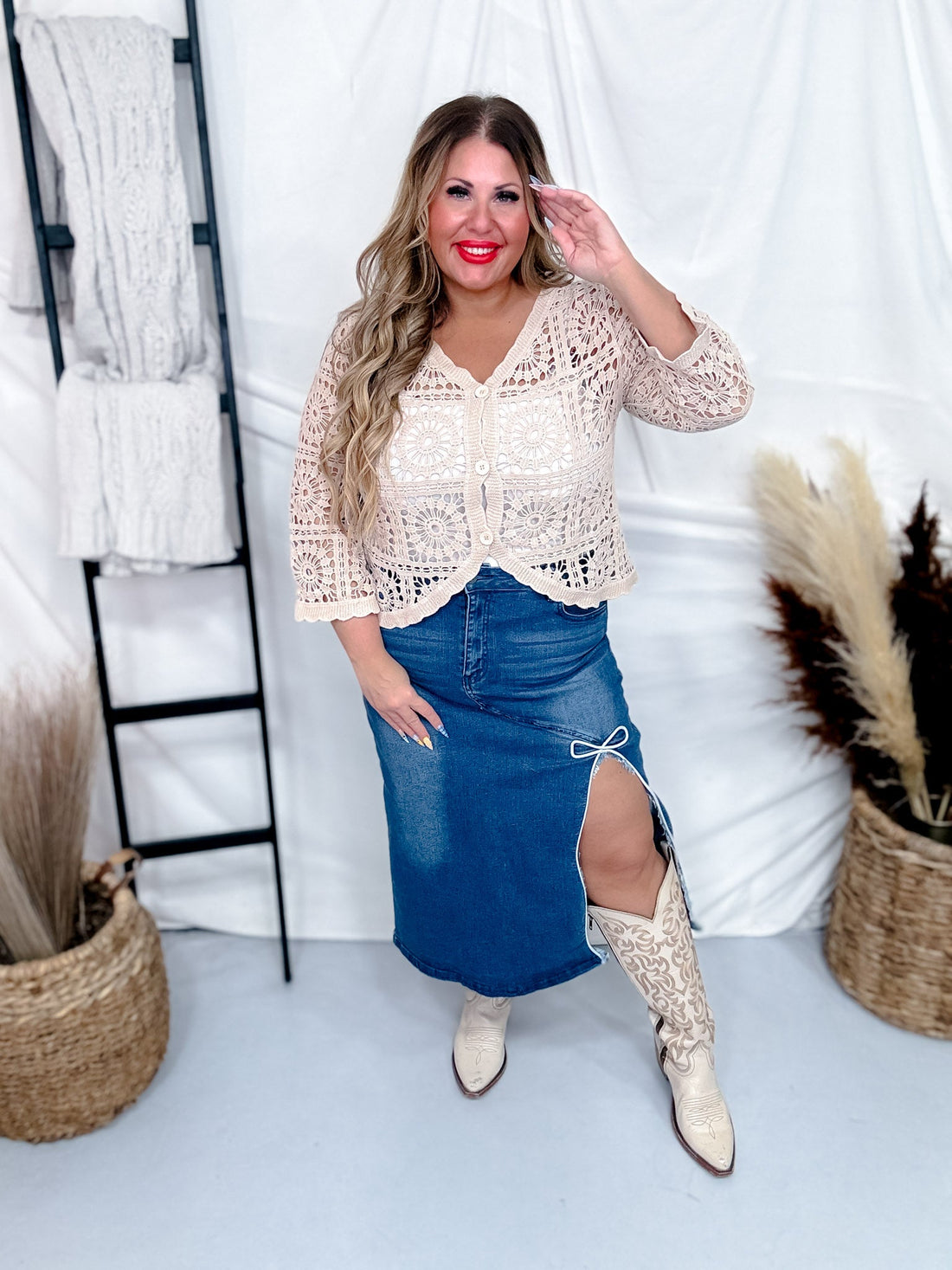 Taupe Crochet Short Button Down Cardigan - Whiskey Skies - ORIGAMI APPAREL