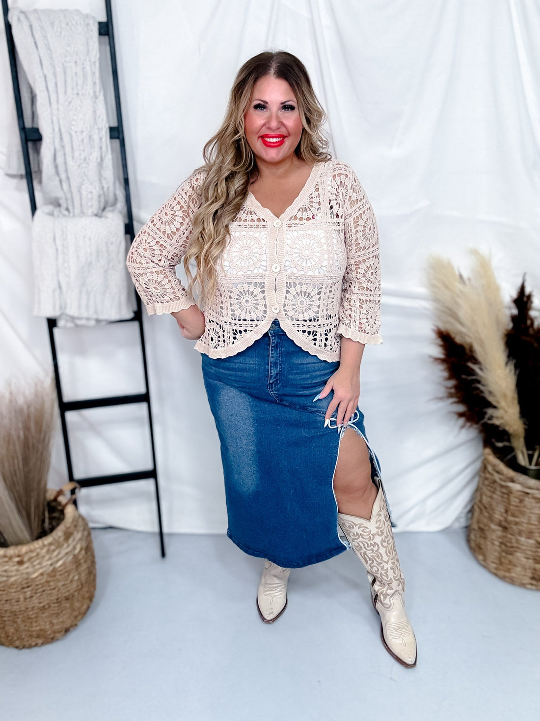 Taupe Crochet Short Button Down Cardigan - Whiskey Skies - ORIGAMI APPAREL