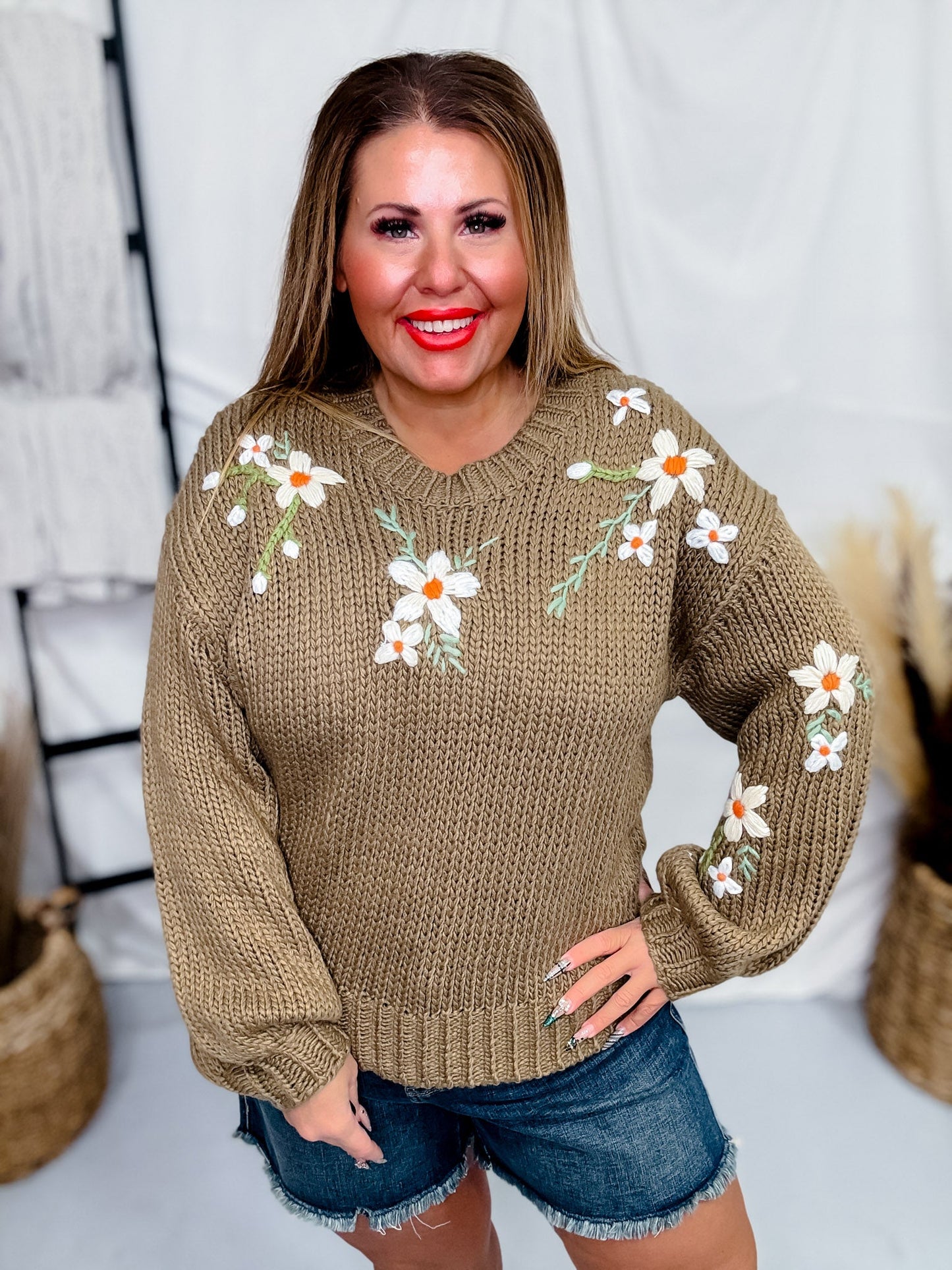 Taupe Floral Embroidered Knit Sweater - Whiskey Skies - POLAGRAM + BAEVELY