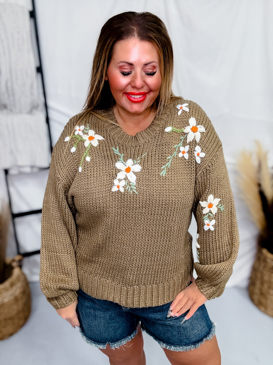 Taupe Floral Embroidered Knit Sweater - Whiskey Skies - POLAGRAM + BAEVELY