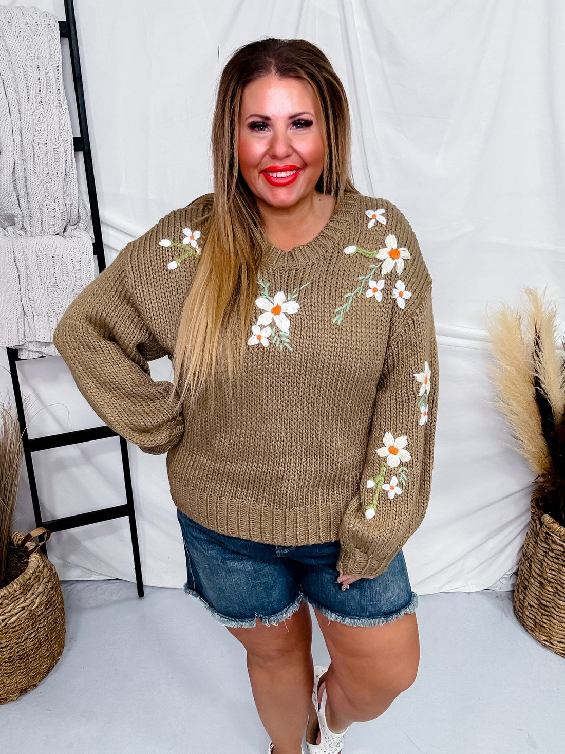 Taupe Floral Embroidered Knit Sweater - Whiskey Skies - POLAGRAM + BAEVELY