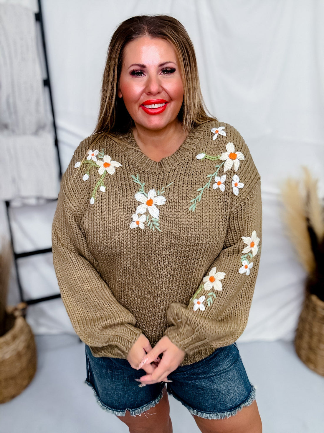 Taupe Floral Embroidered Knit Sweater - Whiskey Skies - POLAGRAM + BAEVELY