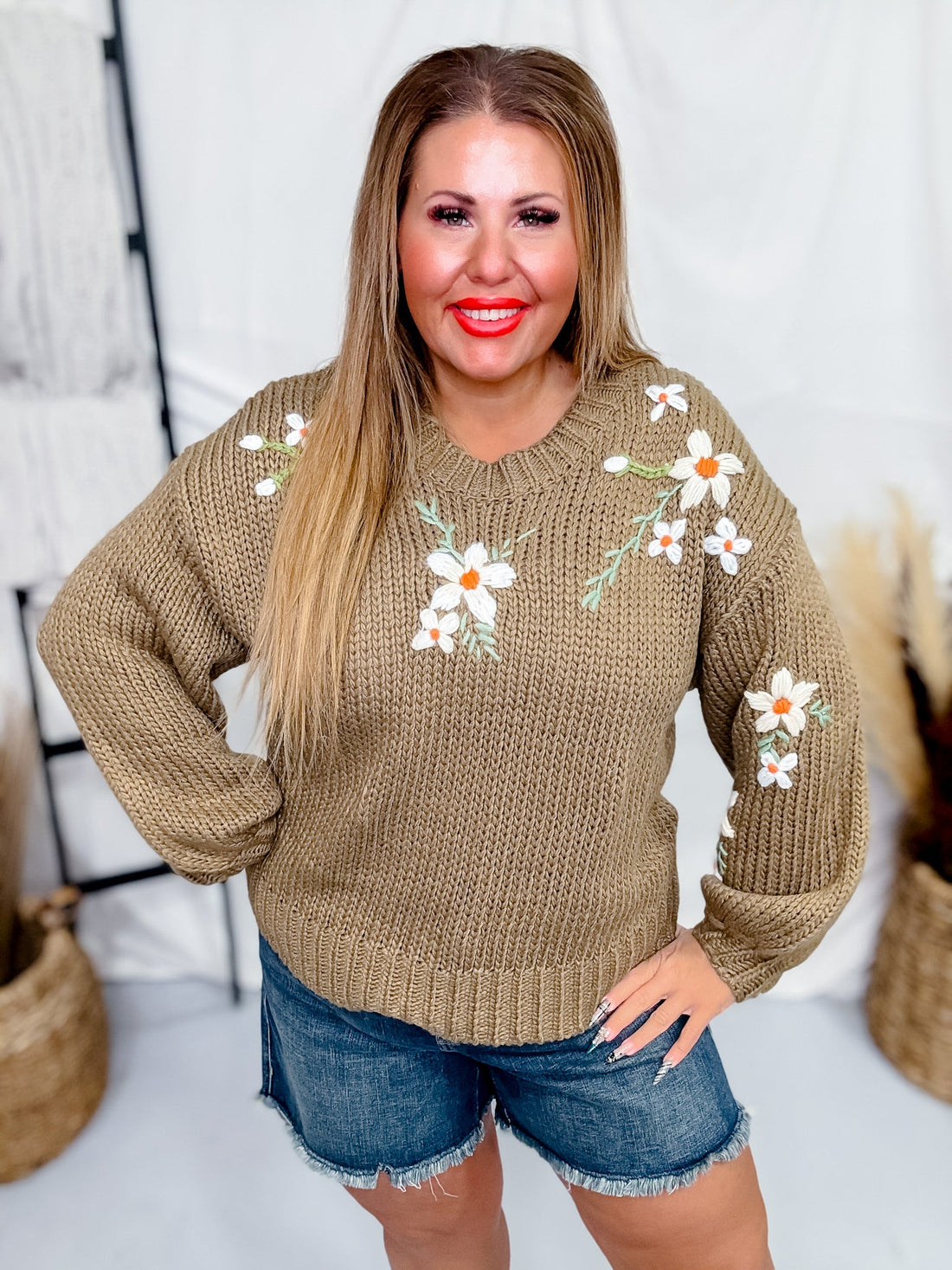 Taupe Floral Embroidered Knit Sweater - Whiskey Skies - POLAGRAM + BAEVELY