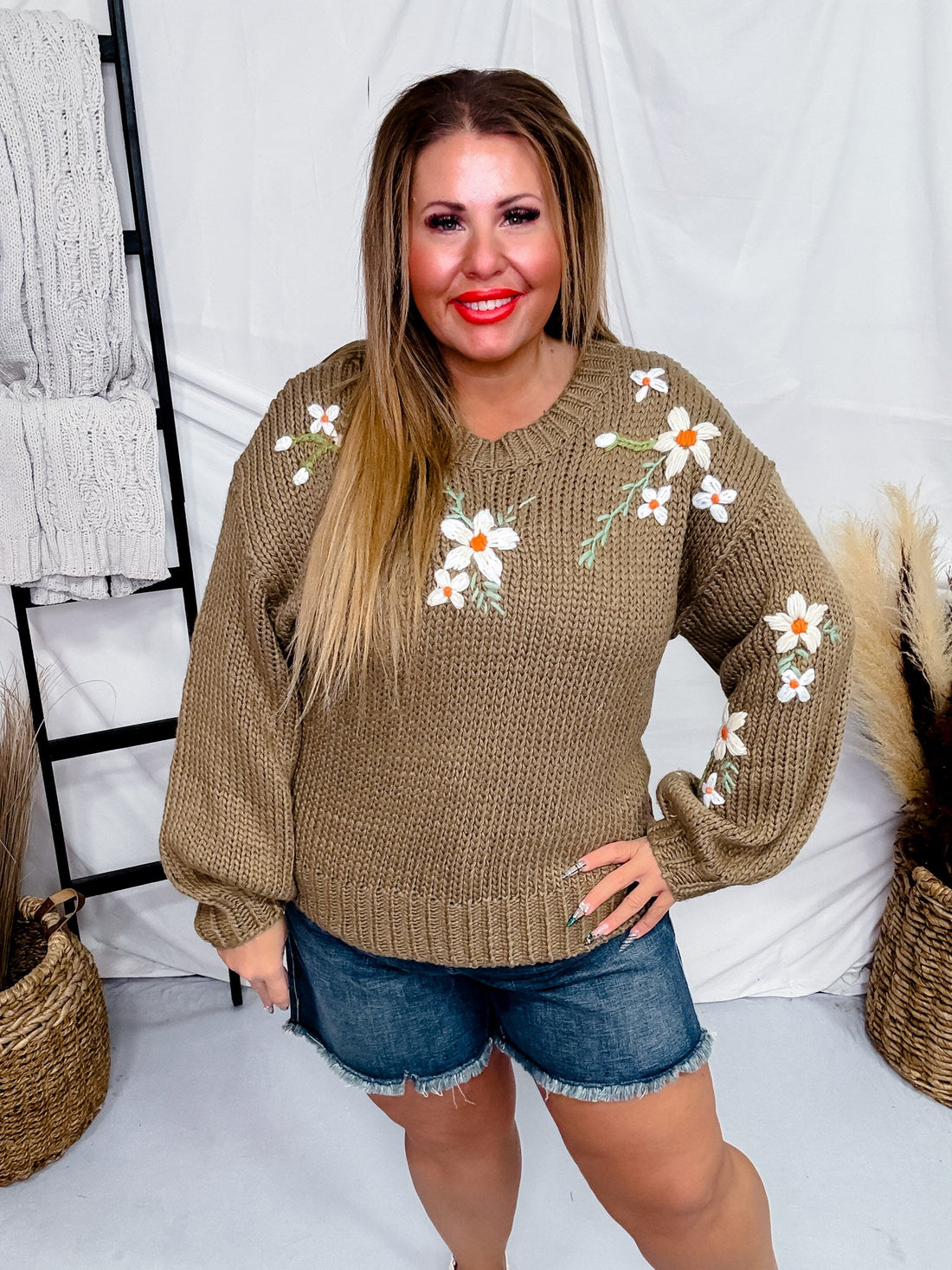 Taupe Floral Embroidered Knit Sweater - Whiskey Skies - POLAGRAM + BAEVELY