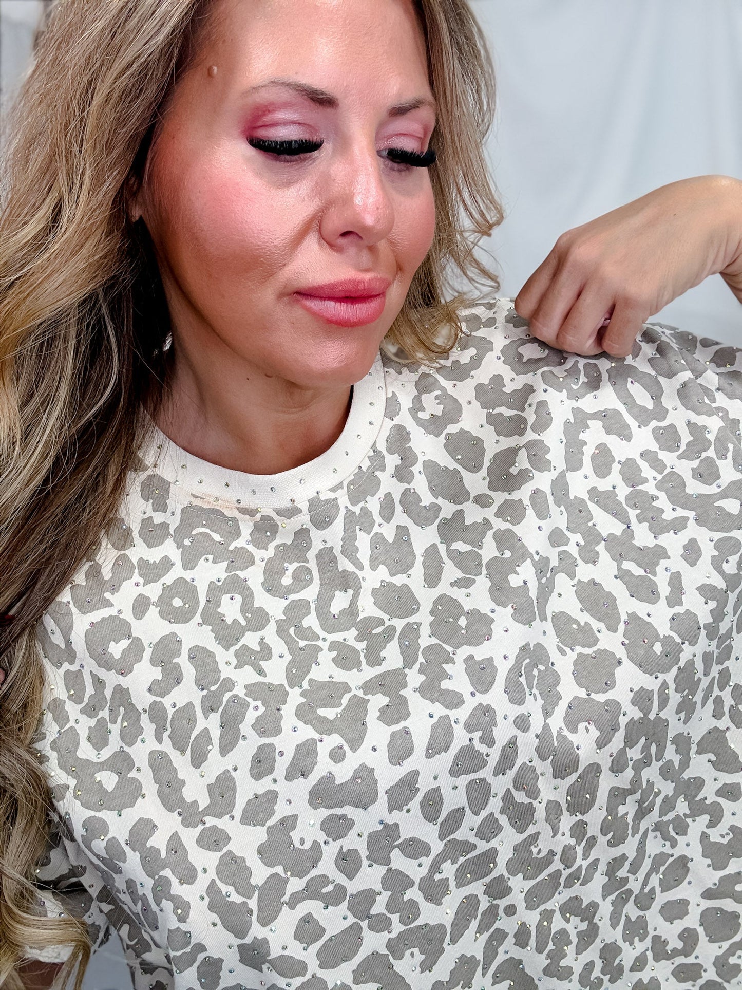 Taupe Leopard Print Short Sleeve Top With Iridescent Rhinestones - Whiskey Skies - DAVI & DANI