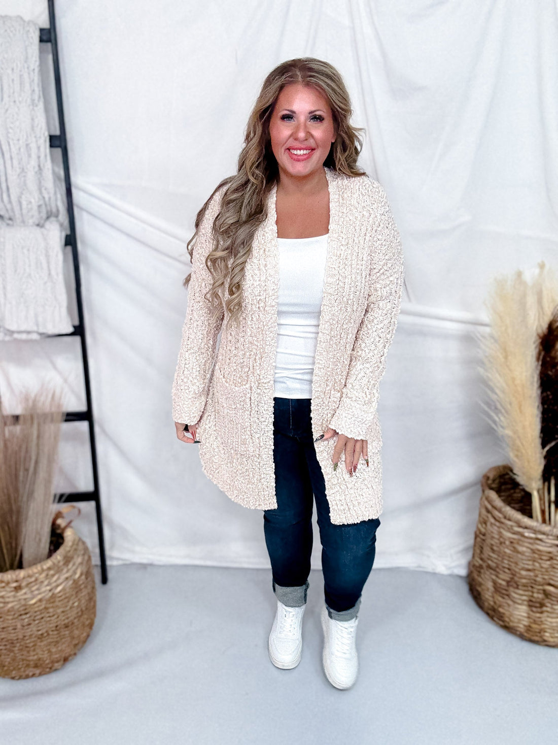 Taupe & Pink Popcorn Knit Open Front Cardigan - Whiskey Skies - SWEET GENERIS