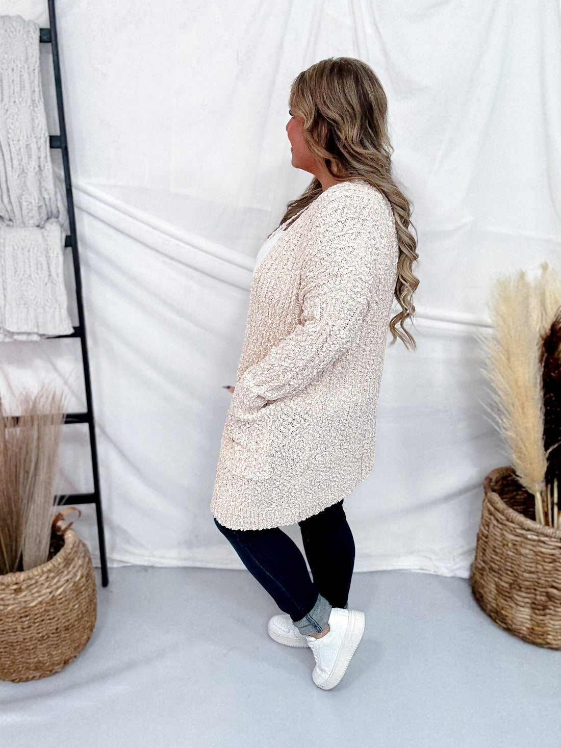 Taupe & Pink Popcorn Knit Open Front Cardigan - Whiskey Skies - SWEET GENERIS