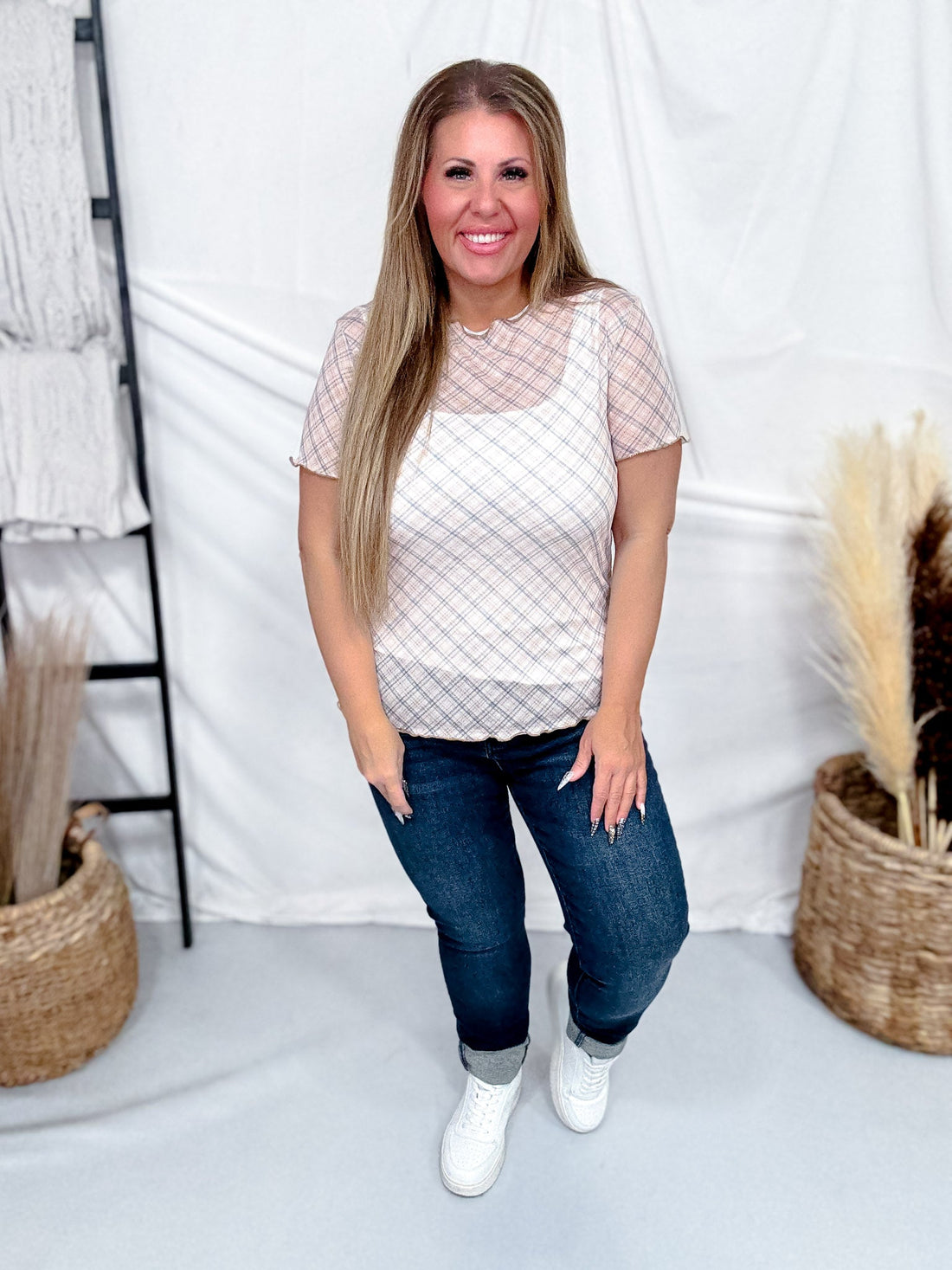 Taupe Plaid Short Sleeve Mesh Top With Lettuce Edge Hems - Whiskey Skies - ODDI