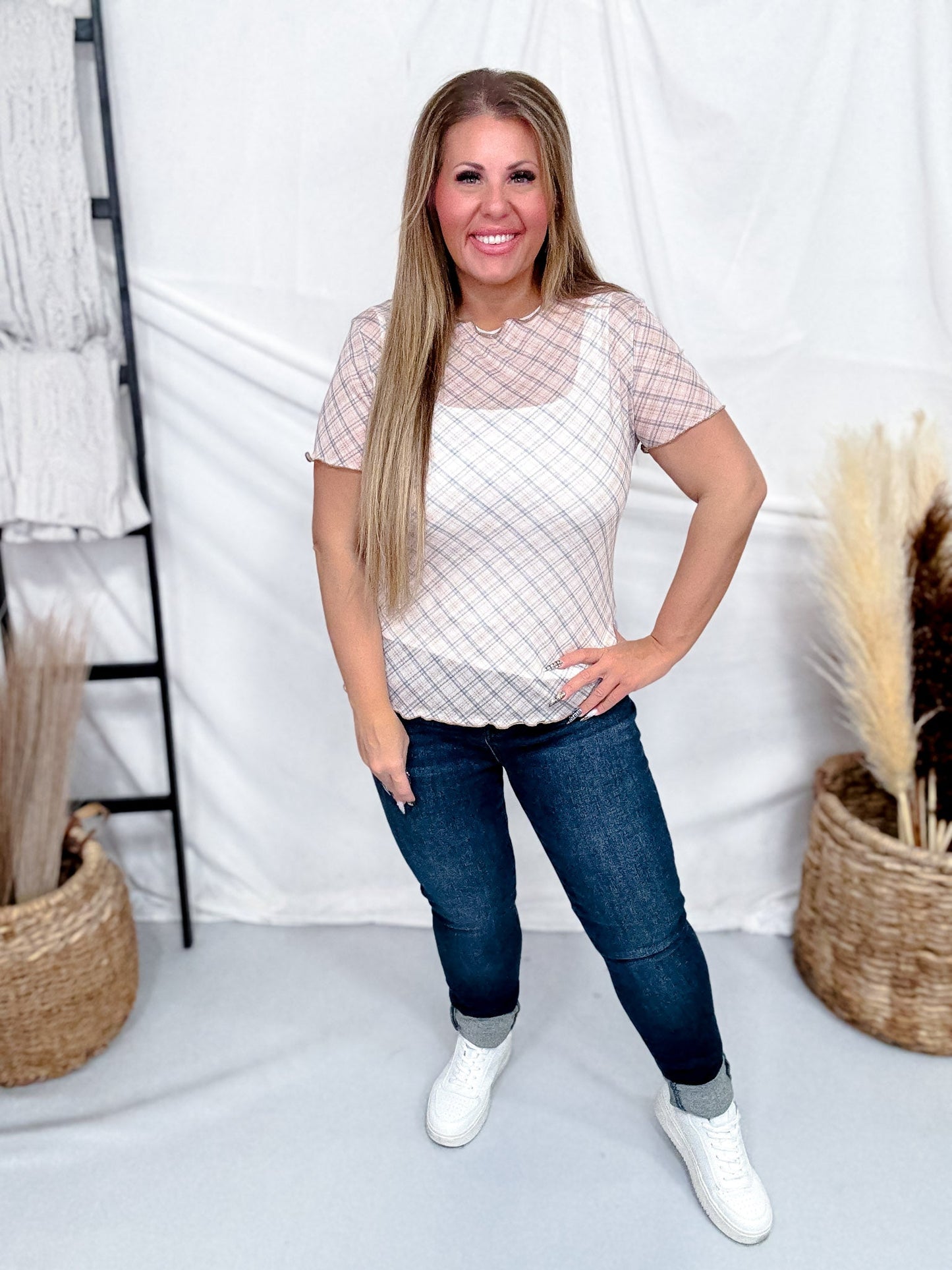 Taupe Plaid Short Sleeve Mesh Top With Lettuce Edge Hems - Whiskey Skies - ODDI
