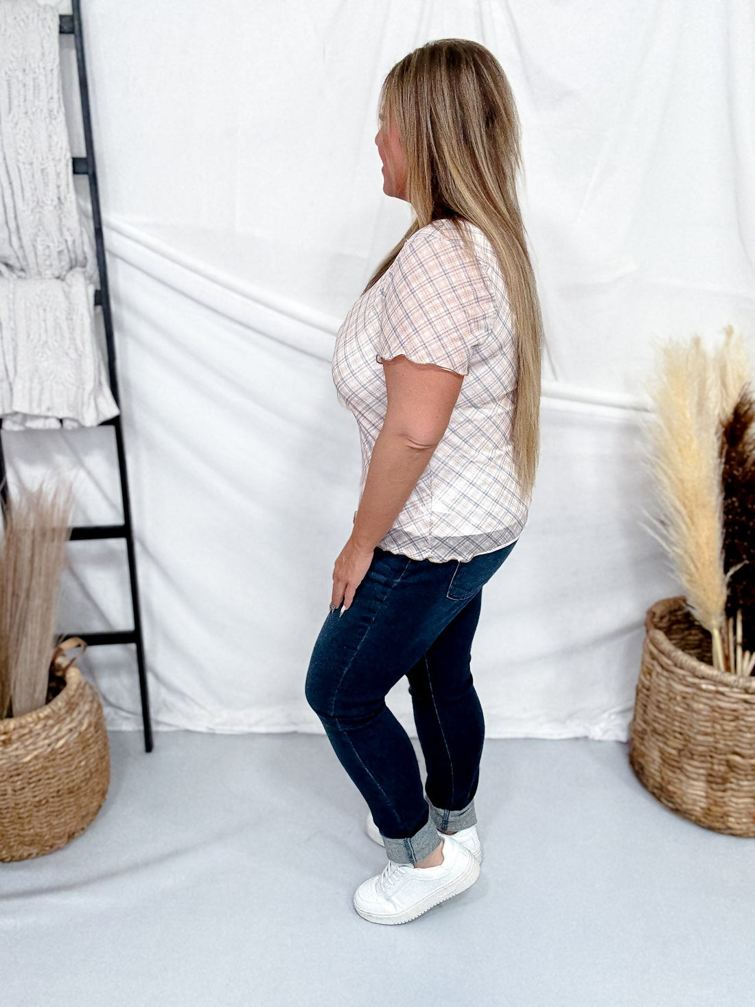 Taupe Plaid Short Sleeve Mesh Top With Lettuce Edge Hems - Whiskey Skies - ODDI