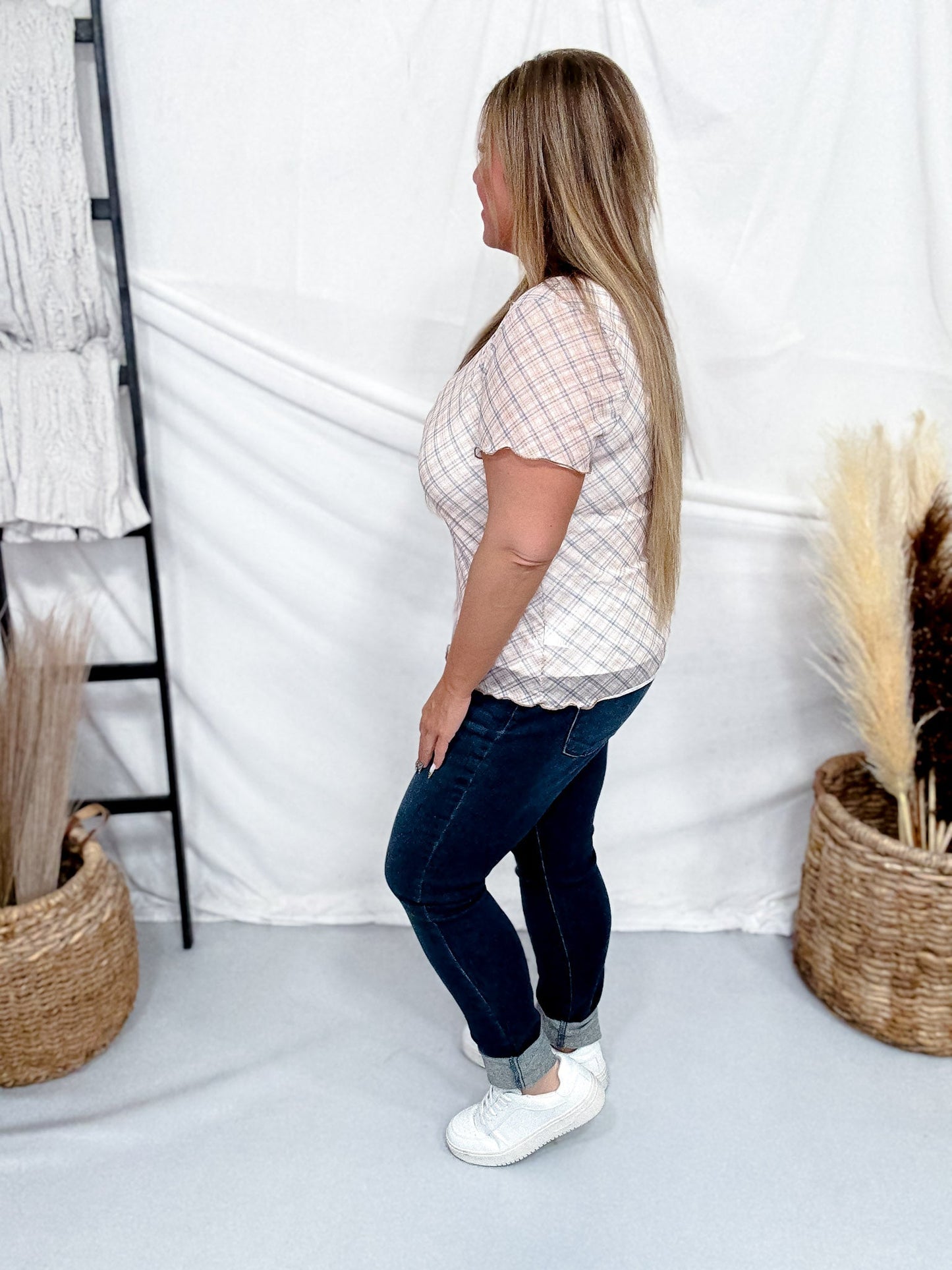 Taupe Plaid Short Sleeve Mesh Top With Lettuce Edge Hems - Whiskey Skies - ODDI