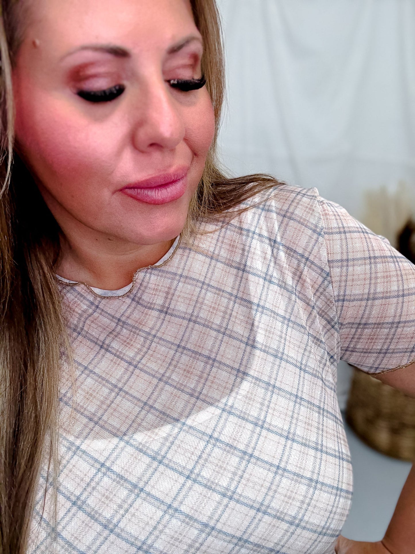 Taupe Plaid Short Sleeve Mesh Top With Lettuce Edge Hems - Whiskey Skies - ODDI