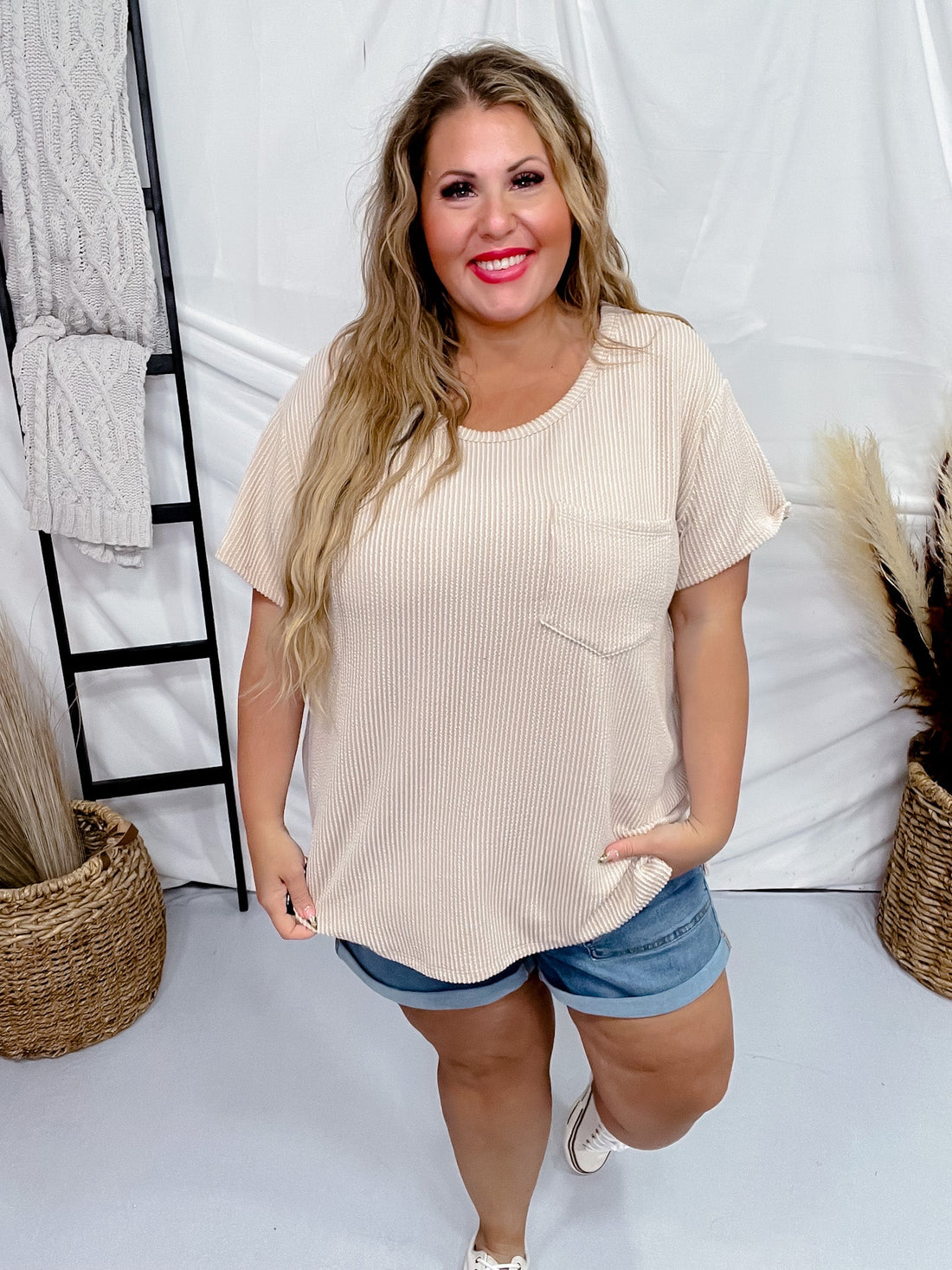Taupe Ribbed Short Sleeve Tunic Top - Whiskey Skies - ANDREE BY UNIT