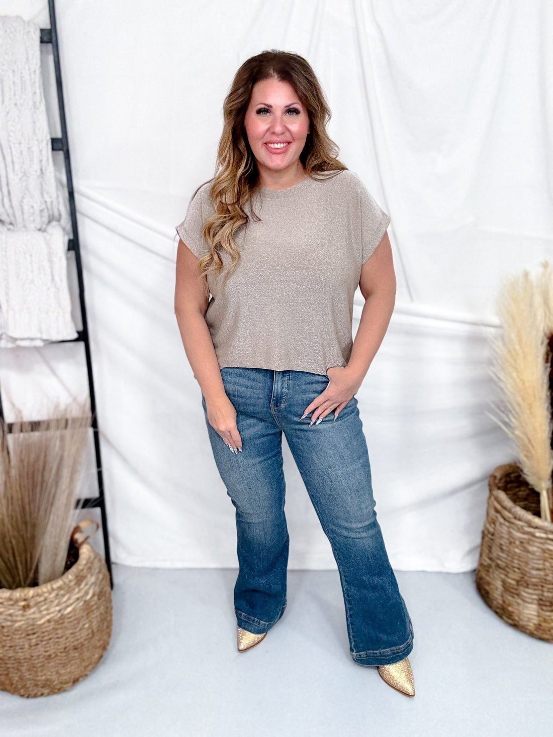 Taupe Shimmery Cap Sleeve Top With Round Neckline - Whiskey Skies - SEW IN LOVE