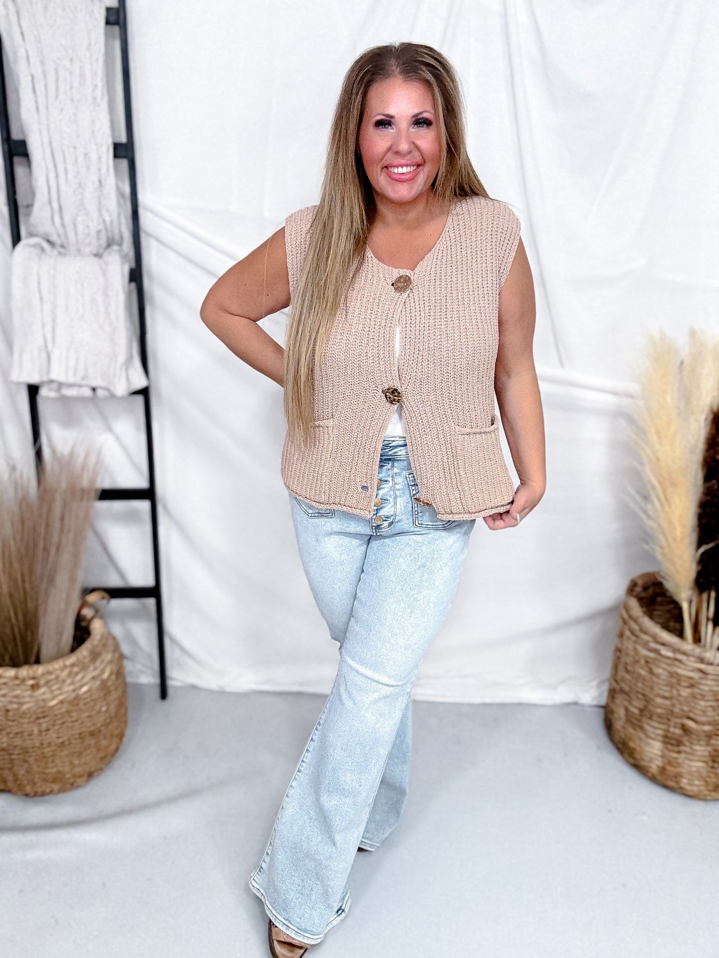 Taupe Sleeveless Sweater Vest With Metallic Gold Buttons - Whiskey Skies - SHE + SKY