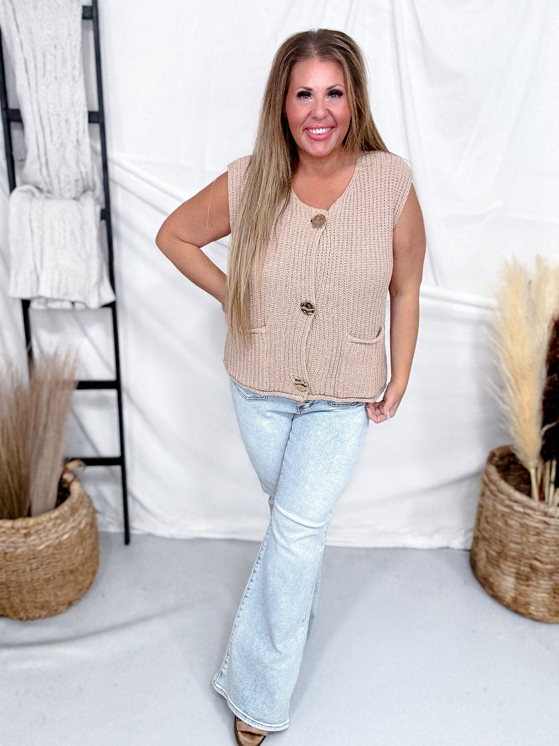 Taupe Sleeveless Sweater Vest With Metallic Gold Buttons - Whiskey Skies - SHE + SKY