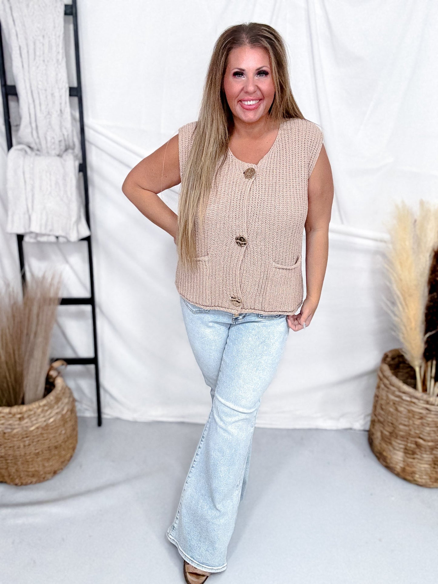 Taupe Sleeveless Sweater Vest With Metallic Gold Buttons - Whiskey Skies - SHE + SKY