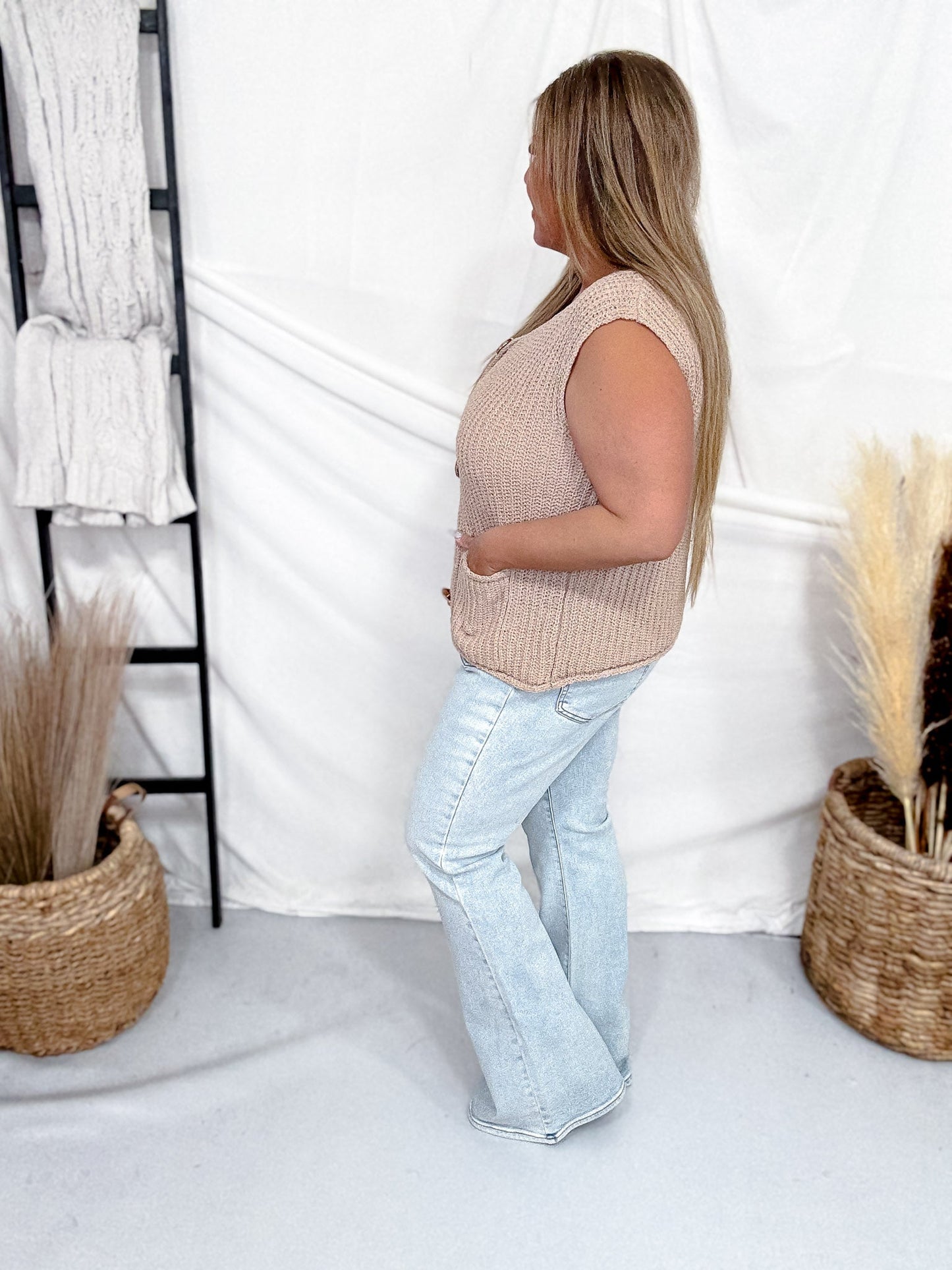 Taupe Sleeveless Sweater Vest With Metallic Gold Buttons - Whiskey Skies - SHE + SKY