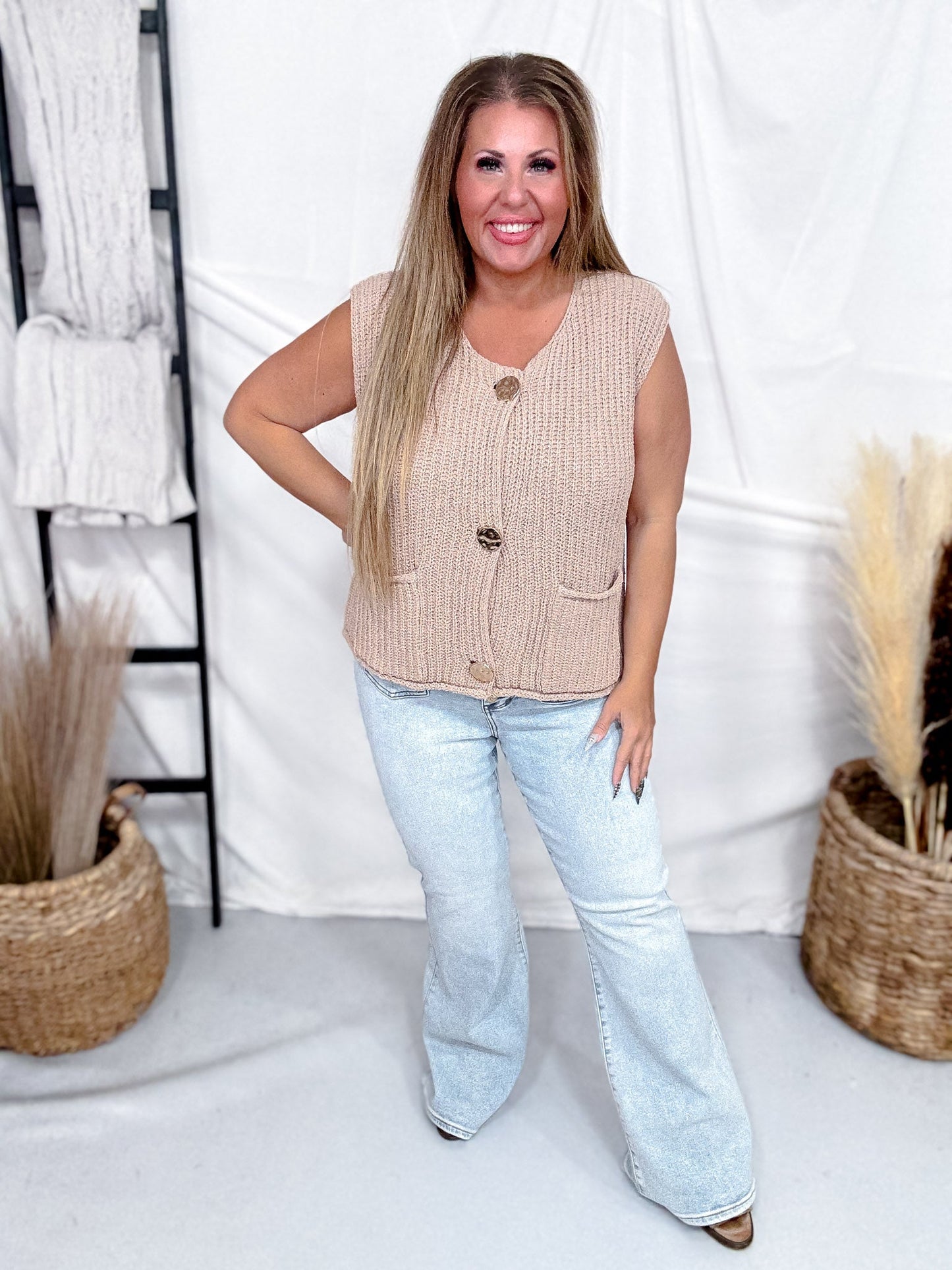Taupe Sleeveless Sweater Vest With Metallic Gold Buttons - Whiskey Skies - SHE + SKY