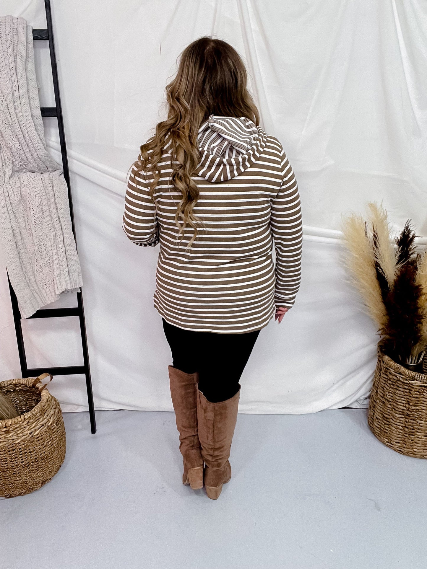 Taupe Striped Knit Hoodie - Whiskey Skies - BE STAGE