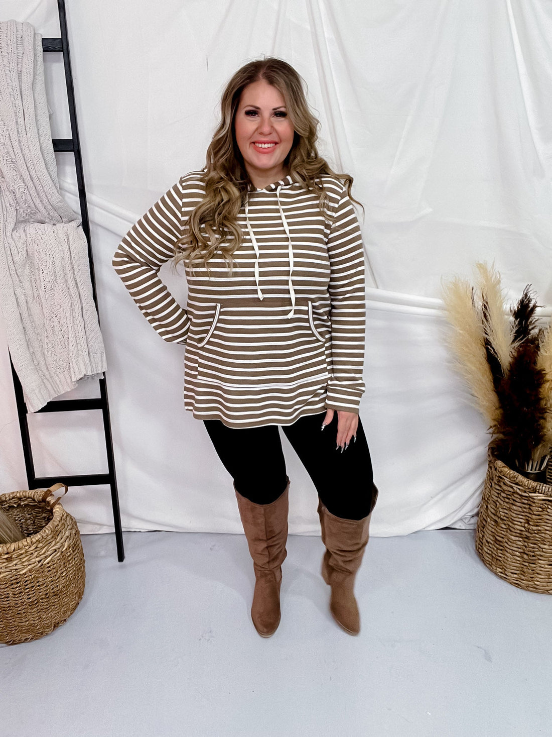 Taupe Striped Knit Hoodie - Whiskey Skies - BE STAGE