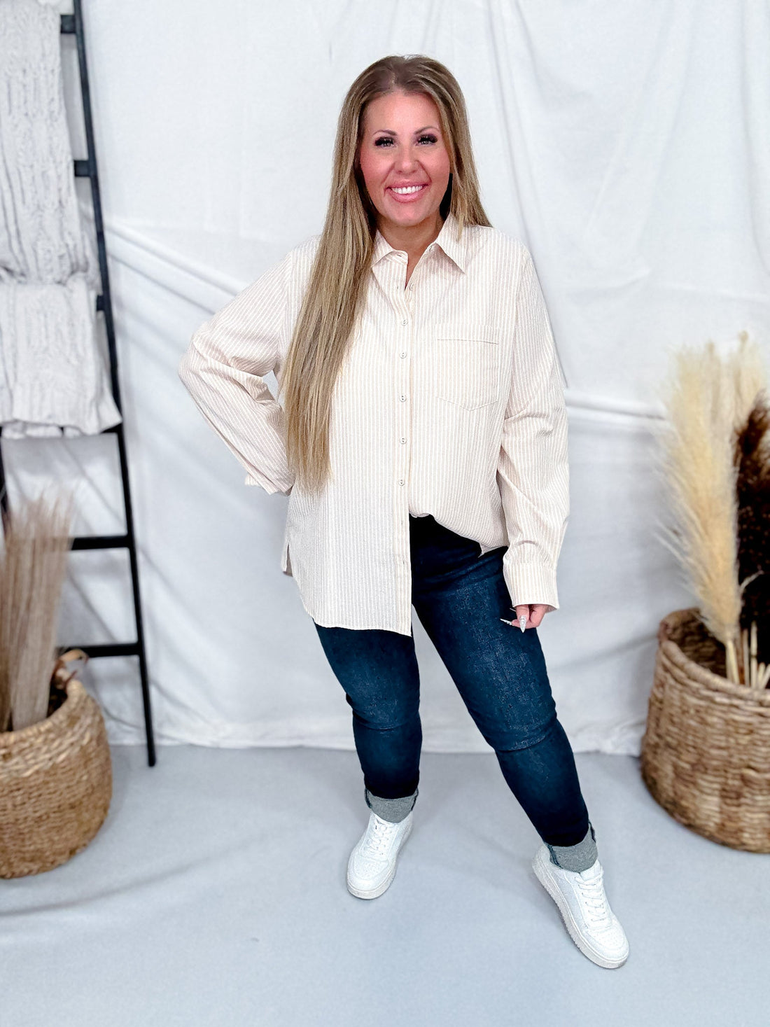 Taupe Striped Long Sleeve Button Down Shirt - Whiskey Skies - ODDI