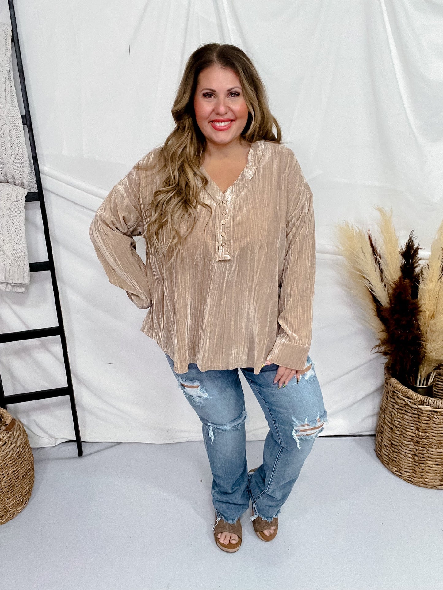 Taupe V - Neck Button Down Velvet Top - Whiskey Skies - WHITE BIRCH