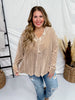 Taupe V - Neck Button Down Velvet Top - Whiskey Skies - WHITE BIRCH