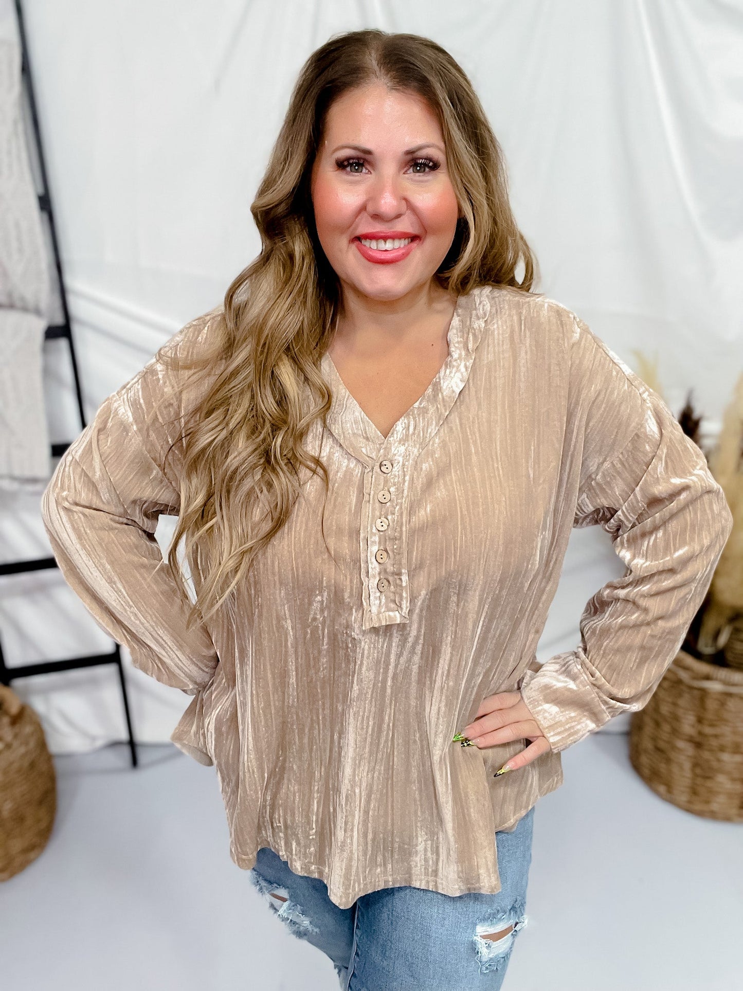 Taupe V - Neck Button Down Velvet Top - Whiskey Skies - WHITE BIRCH