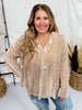 Taupe V - Neck Button Down Velvet Top - Whiskey Skies - WHITE BIRCH