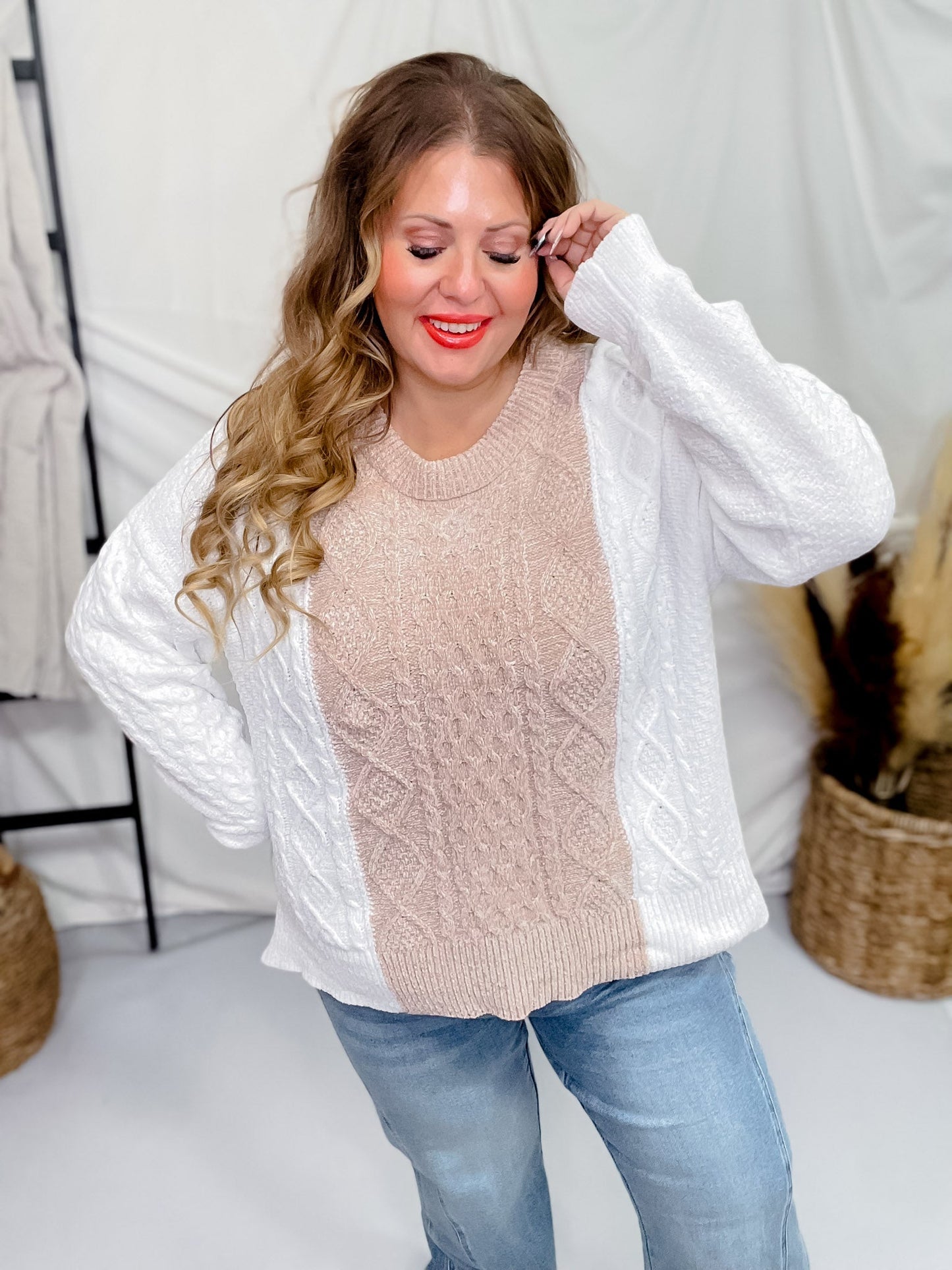 Taupe & White Long Sleeve Knit Sweater - Whiskey Skies - WHITE BIRCH