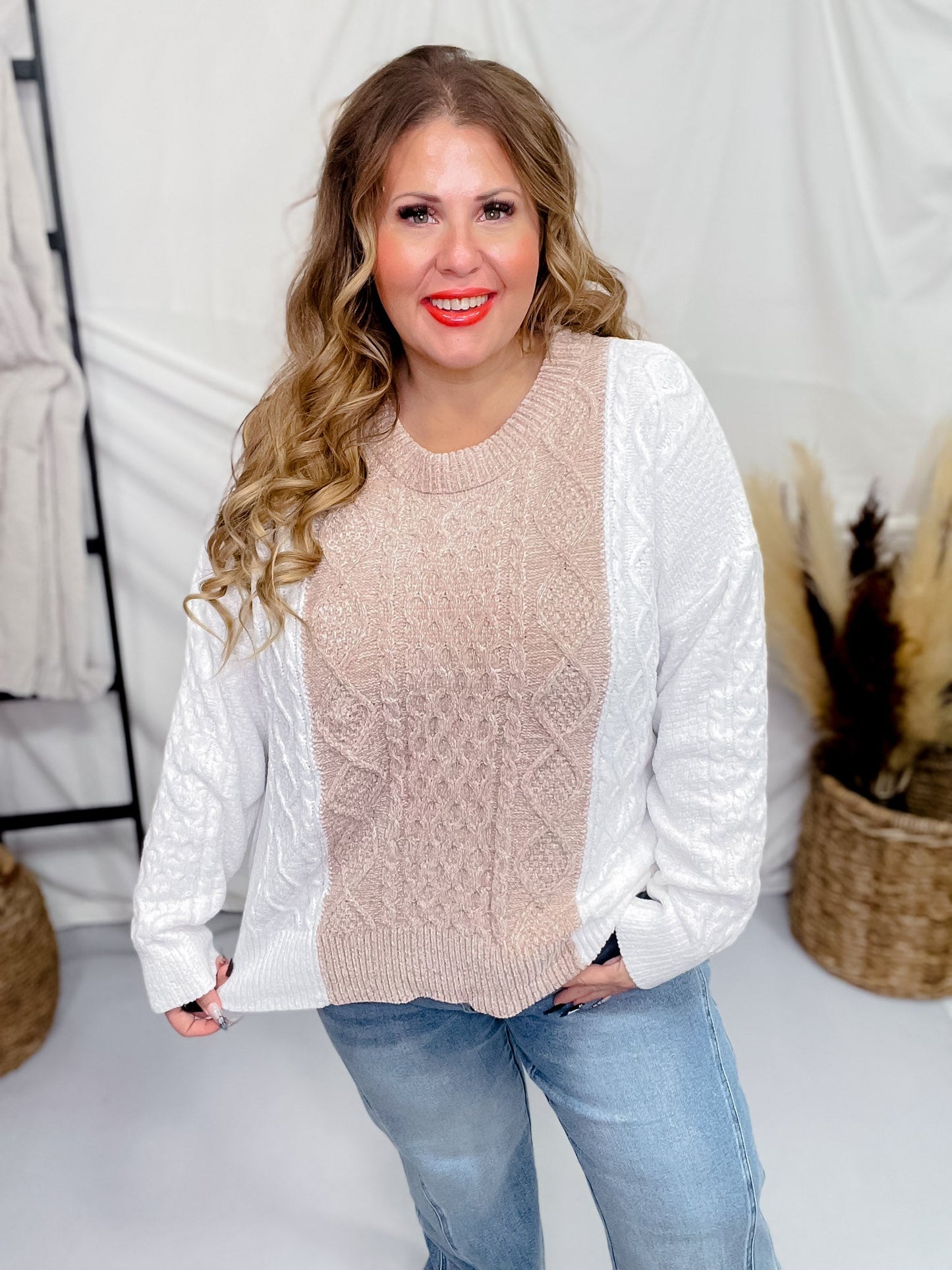 Taupe & White Long Sleeve Knit Sweater - Whiskey Skies - WHITE BIRCH