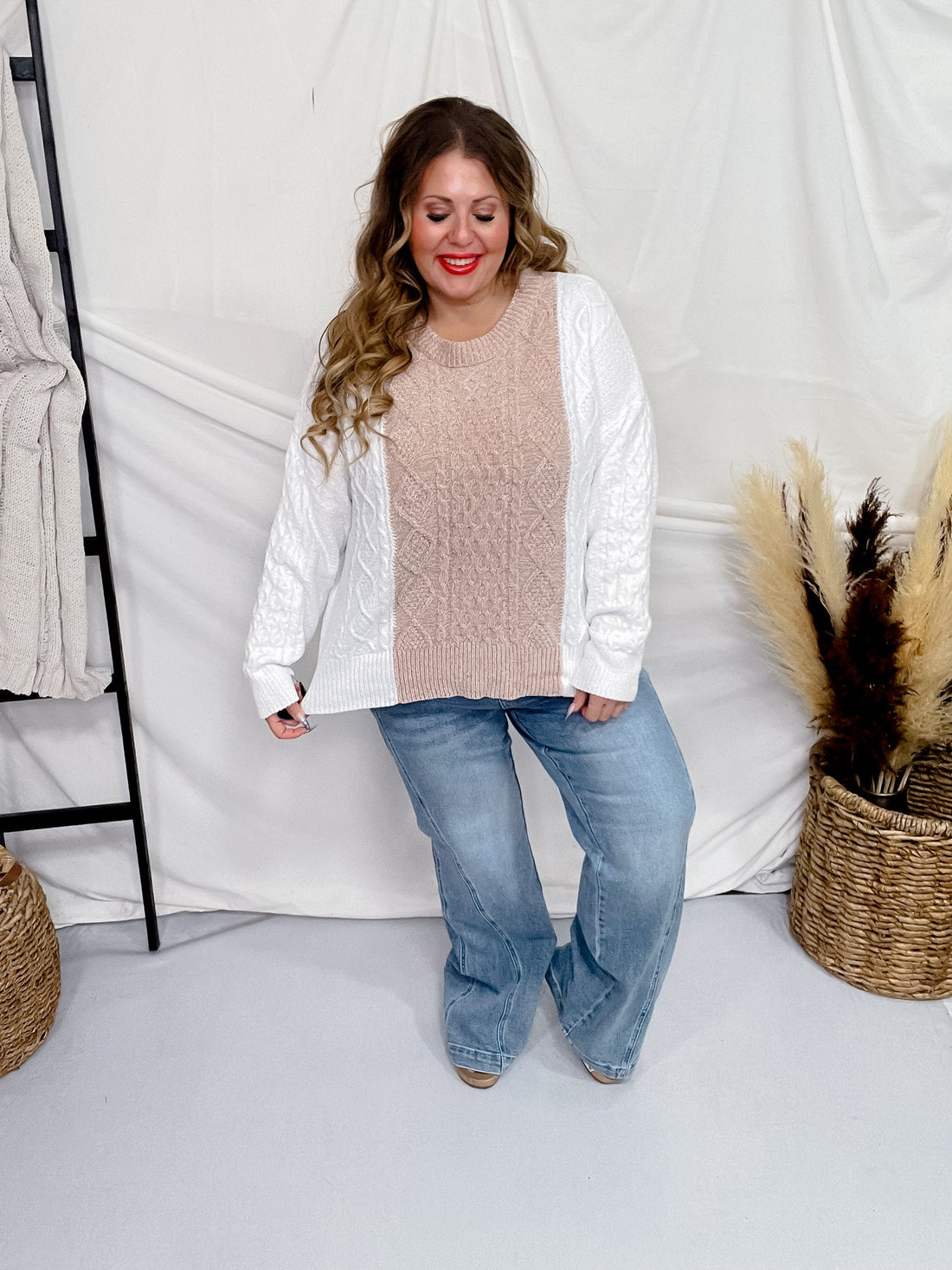 Taupe & White Long Sleeve Knit Sweater - Whiskey Skies - WHITE BIRCH