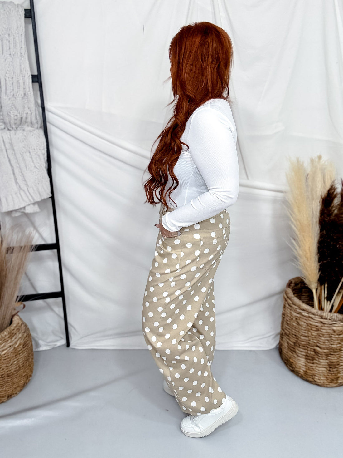 Taupe & White Polka Dot Pants - Whiskey Skies - HEIMISH