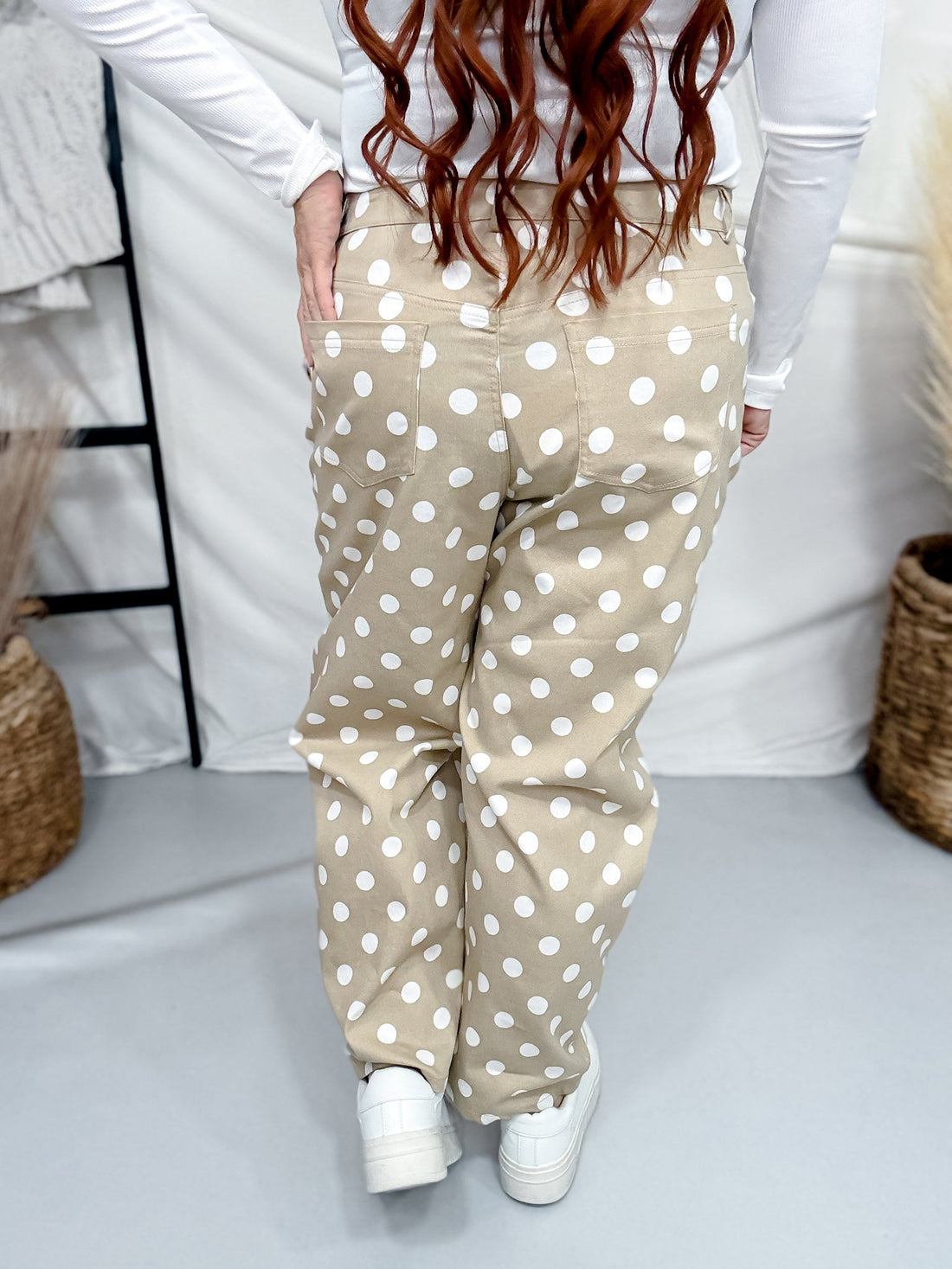 Taupe & White Polka Dot Pants - Whiskey Skies - HEIMISH